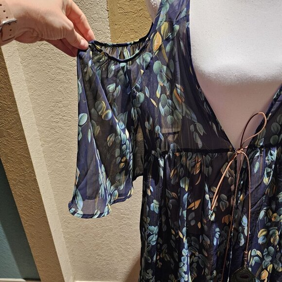 Blu Heaven Duster Cardigan Large Blue Floral Open-Shoulder Boho Garden Fairy NEW - Picture 4 of 10